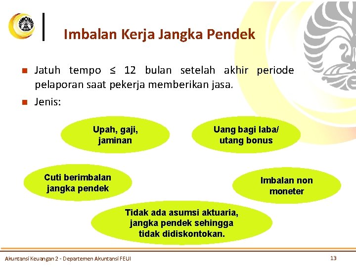 Imbalan Kerja Jangka Pendek n n Jatuh tempo ≤ 12 bulan setelah akhir periode