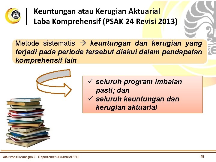 Keuntungan atau Kerugian Aktuarial Laba Komprehensif (PSAK 24 Revisi 2013) Metode sistematis keuntungan dan