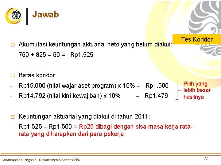 Jawab ¨ Akumulasi keuntungan aktuarial neto yang belum diakui: Tes Koridor 760 + 825