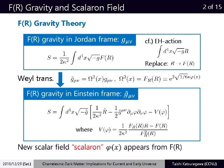 F(R) Gravity and Scalaron Field 2 of 15 F(R) Gravity Theory cf. ) EH-action