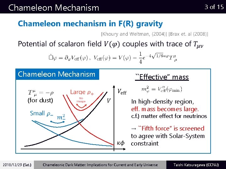 Chameleon Mechanism (for dust) 3 of 15 ``Effective” mass In high-density region, eff. mass