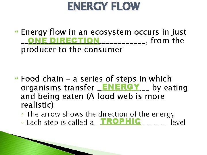 ENERGY FLOW Energy flow in an ecosystem occurs in just ONE DIRECTION ________________, from