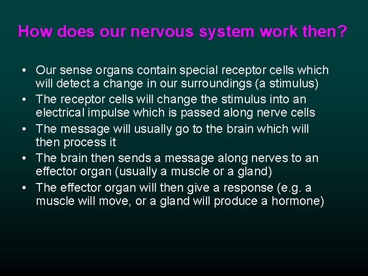 How does our nervous system work then? • Our sense organs contain special receptor