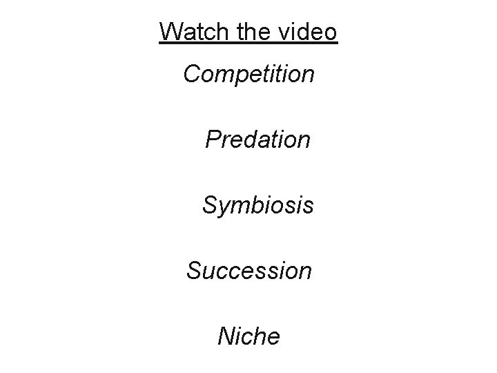 Watch the video Competition Predation Symbiosis Succession Niche 