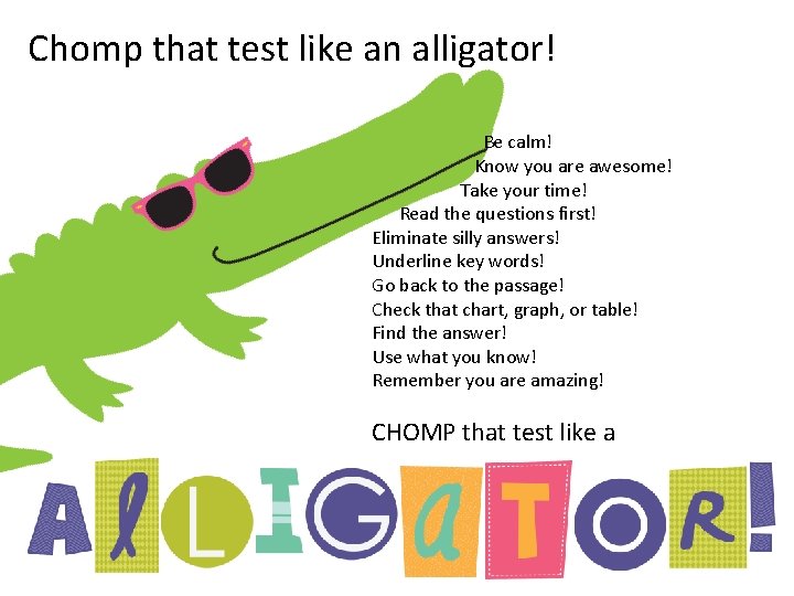 Chomp that test like an alligator! Be calm! Know you are awesome! Take your