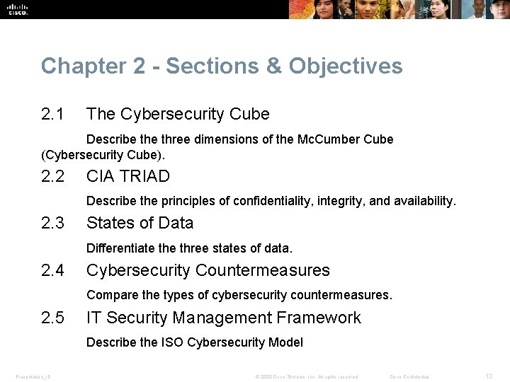 Chapter 2 - Sections & Objectives 2. 1 The Cybersecurity Cube Describe three dimensions