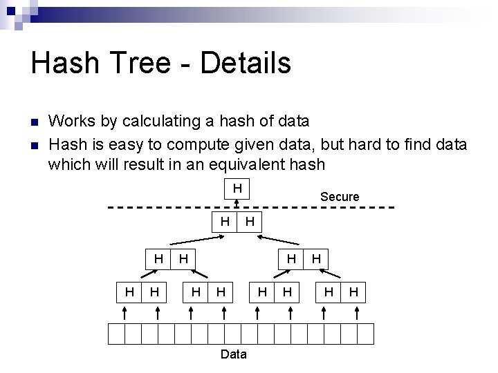 Hash Tree - Details n n Works by calculating a hash of data Hash