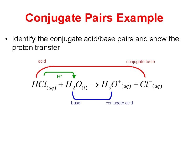 Conjugate Pairs Example • Identify the conjugate acid/base pairs and show the proton transfer