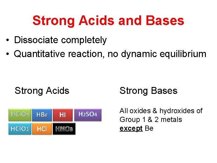 Strong Acids and Bases • Dissociate completely • Quantitative reaction, no dynamic equilibrium Strong