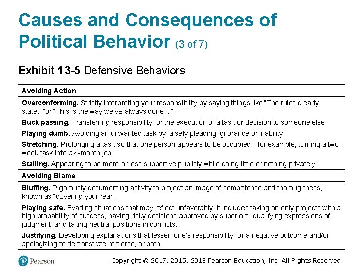 Causes and Consequences of Political Behavior (3 of 7) Exhibit 13 -5 Defensive Behaviors
