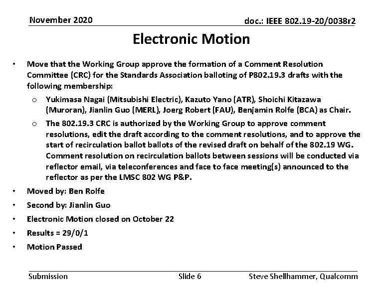 November 2020 doc. : IEEE 802. 19 -20/0038 r 2 Electronic Motion • Move