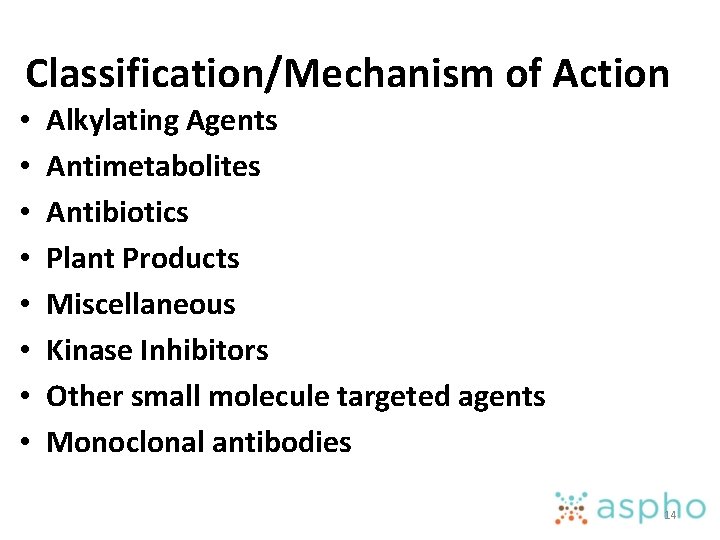 Classification/Mechanism of Action • • Alkylating Agents Antimetabolites Antibiotics Plant Products Miscellaneous Kinase Inhibitors