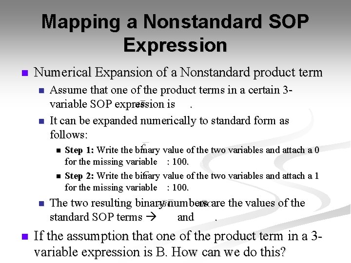 Mapping a Nonstandard SOP Expression n Numerical Expansion of a Nonstandard product term n