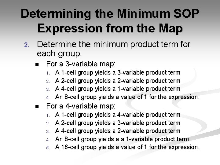 Determining the Minimum SOP Expression from the Map 2. Determine the minimum product term