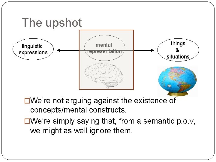 The upshot linguistic expressions mental representation things & situations �We’re not arguing against the