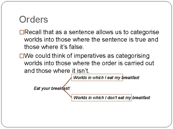 Orders �Recall that as a sentence allows us to categorise worlds into those where