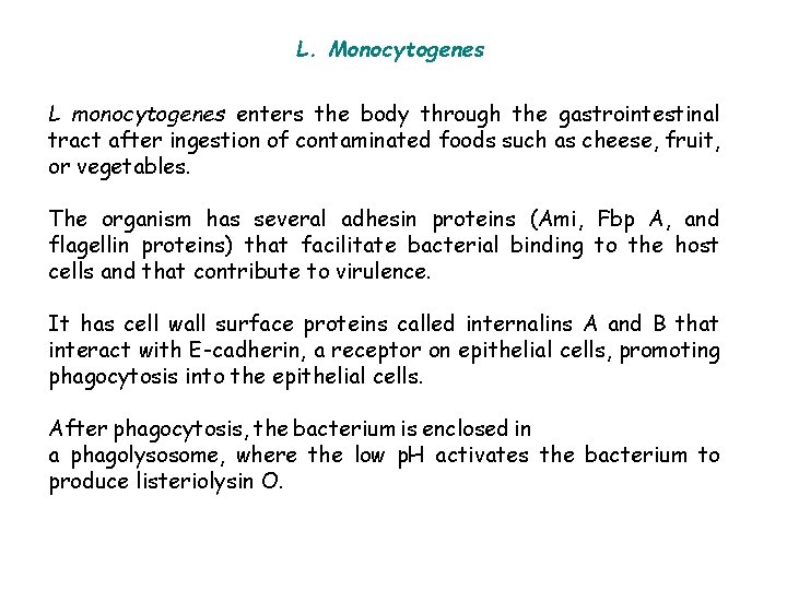 L. Monocytogenes L monocytogenes enters the body through the gastrointestinal tract after ingestion of