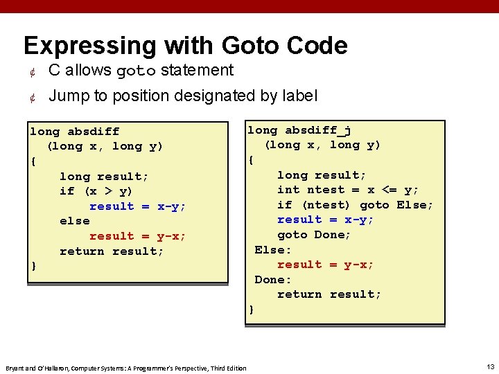 Expressing with Goto Code ¢ C allows goto statement ¢ Jump to position designated