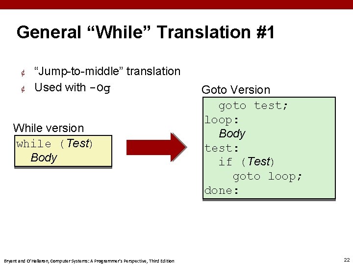 General “While” Translation #1 ¢ ¢ “Jump-to-middle” translation Used with -Og While version while
