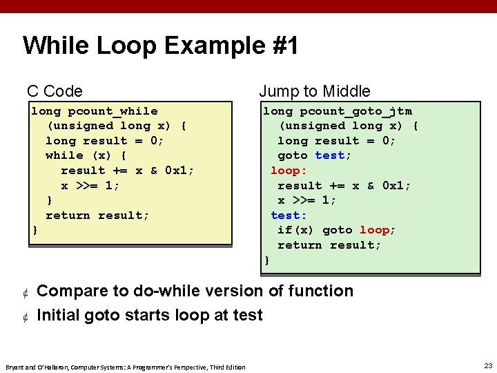While Loop Example #1 C Code long pcount_while (unsigned long x) { long result