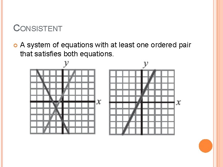 CONSISTENT A system of equations with at least one ordered pair that satisfies both