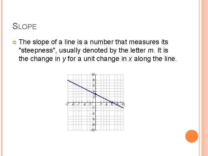 SLOPE The slope of a line is a number that measures its "steepness", usually