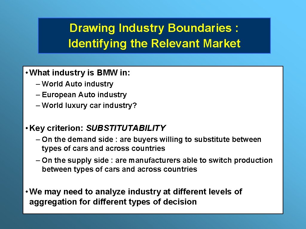 Drawing Industry Boundaries : Identifying the Relevant Market • What industry is BMW in: