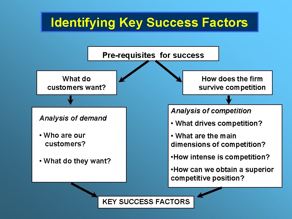 Identifying Key Success Factors Pre-requisites success Pre-requisites for success What do customers want? Analysis