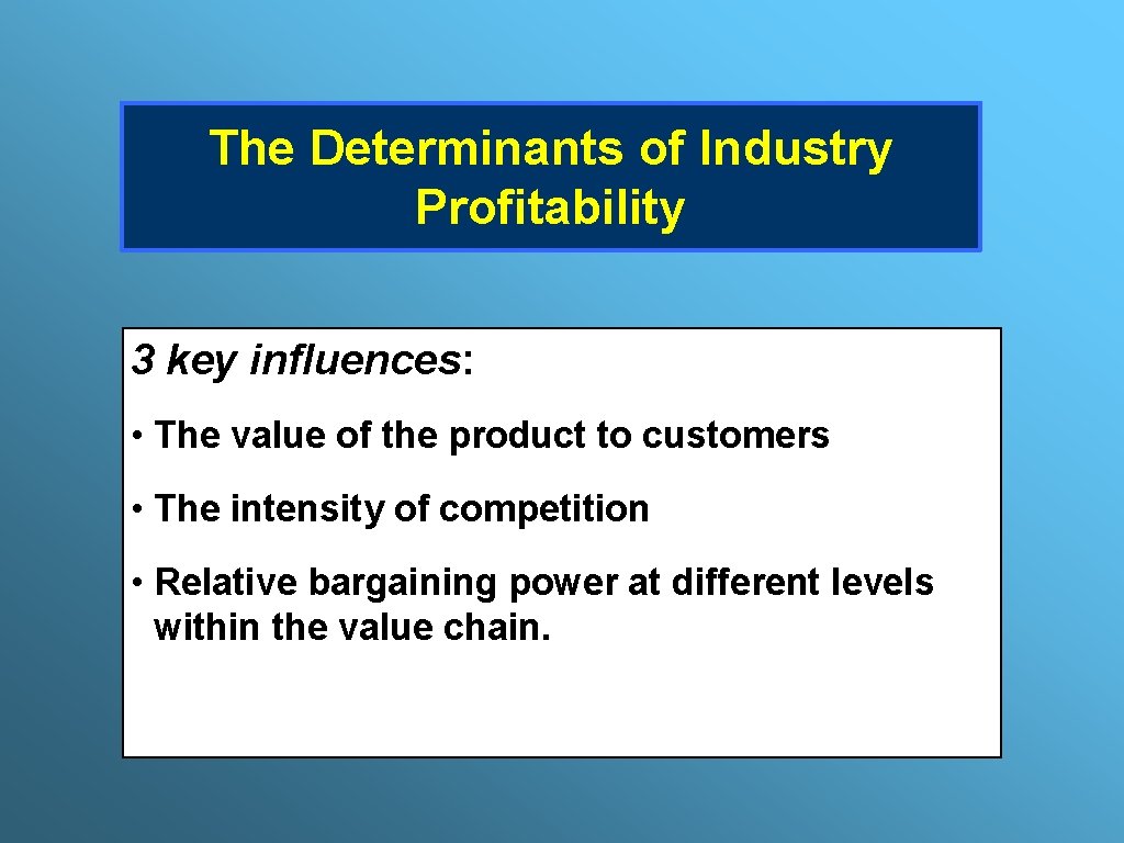 The Determinants of Industry Profitability 3 key influences: • The value of the product