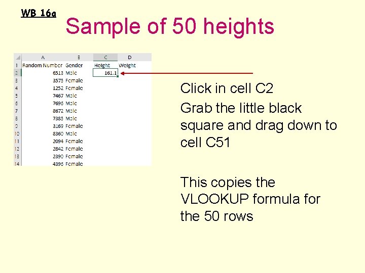 WB 16 a Sample of 50 heights Click in cell C 2 Grab the
