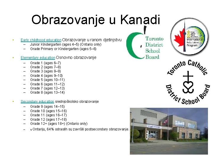 Obrazovanje u Kanadi • Early childhood education Obrazovanje u ranom djetinjstvu – Junior Kindergarten