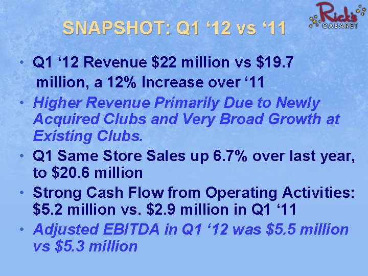 SNAPSHOT: Q 1 ‘ 12 vs ‘ 11 • Q 1 ‘ 12 Revenue