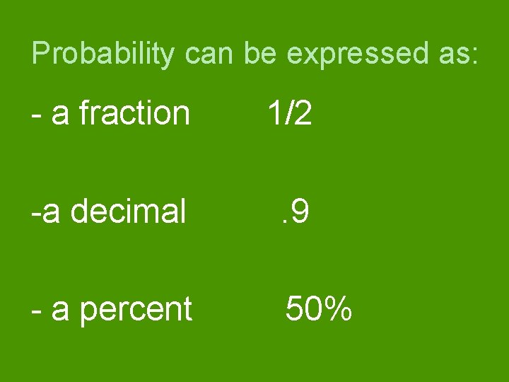 Probability can be expressed as: - a fraction 1/2 -a decimal . 9 -