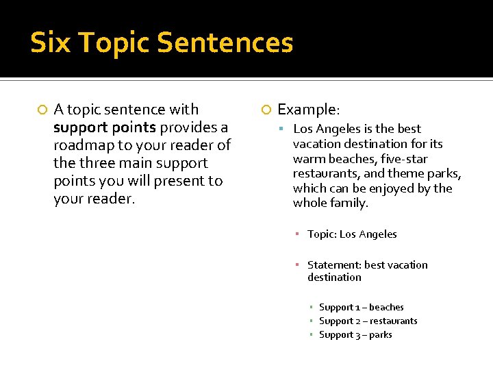 Six Topic Sentences A topic sentence with support points provides a roadmap to your