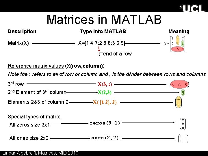 Matrices in MATLAB Description Matrix(X) Type into MATLAB Meaning X=[1 4 7; 2 5