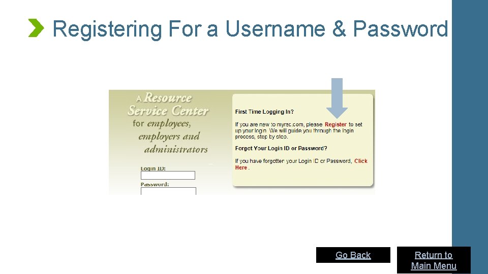 Registering For a Username & Password Go Back Return to 6 Main Menu 