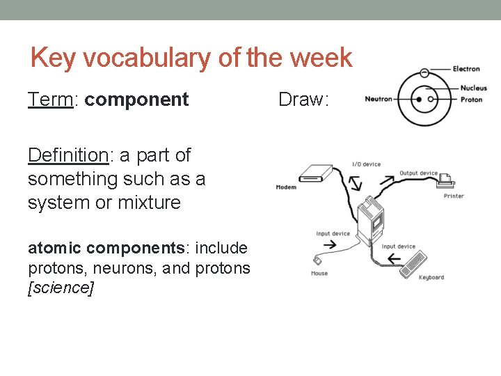 Key vocabulary of the week Term: component Definition: a part of something such as