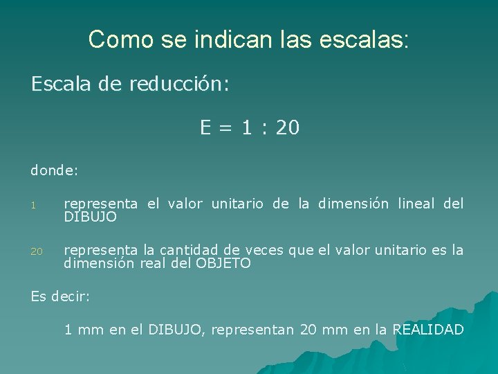 Como se indican las escalas: Escala de reducción: E = 1 : 20 donde: