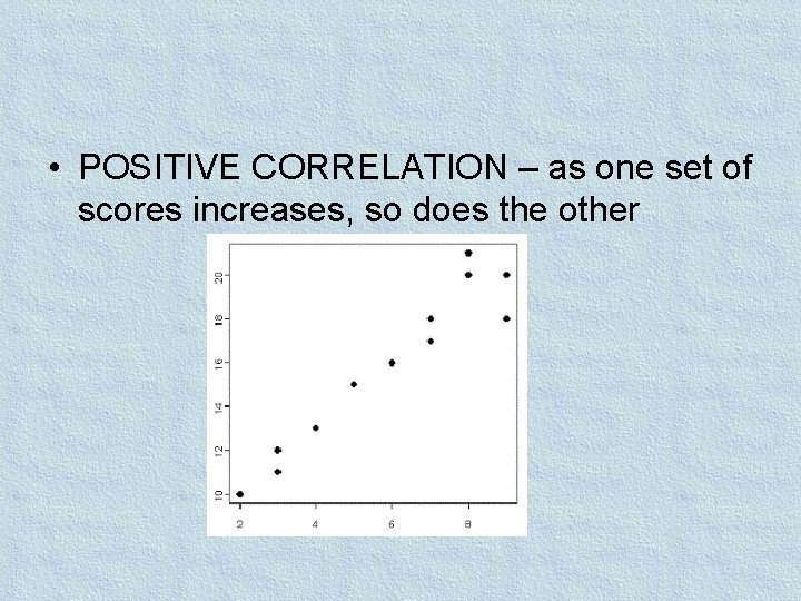  • POSITIVE CORRELATION – as one set of scores increases, so does the