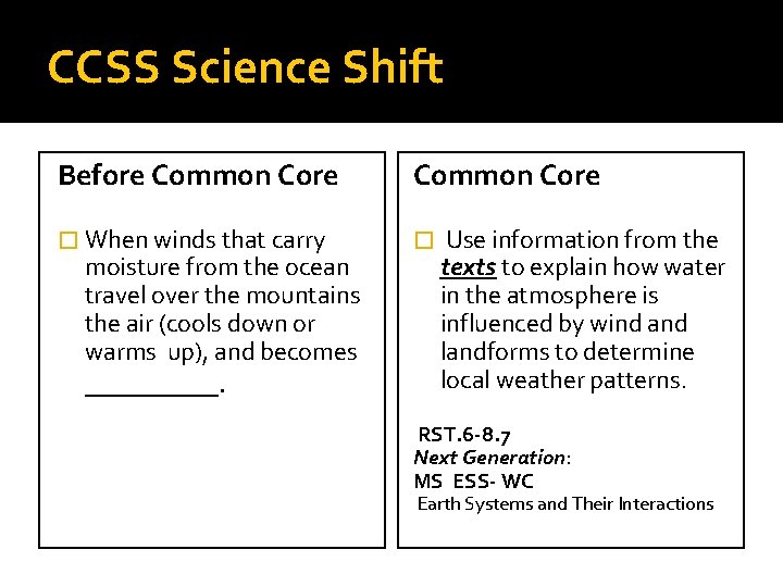 CCSS Science Shift Before Common Core � When winds that carry � moisture from