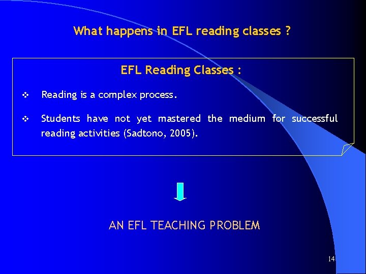 What happens in EFL reading classes ? EFL Reading Classes : v Reading is