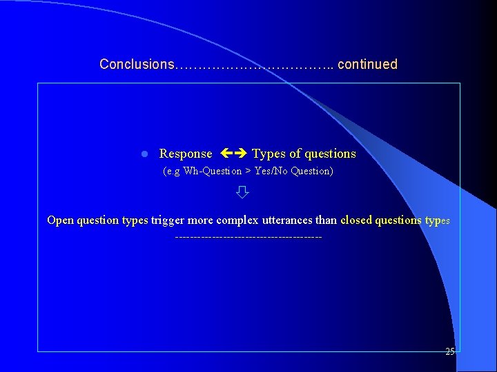 Conclusions………………. . continued l Response Types of questions (e. g Wh-Question > Yes/No Question)