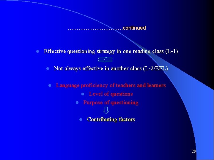 ……………. continued l Effective questioning strategy in one reading class (L-1) l l Not