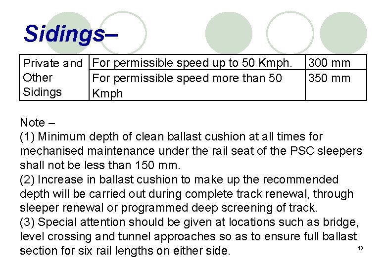 Sidings– Private and For permissible speed up to 50 Kmph. Other For permissible speed