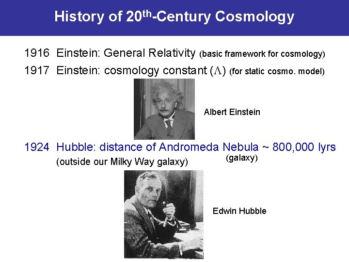 History of 20 th-Century Cosmology 1916 Einstein: General Relativity (basic framework for cosmology) 1917