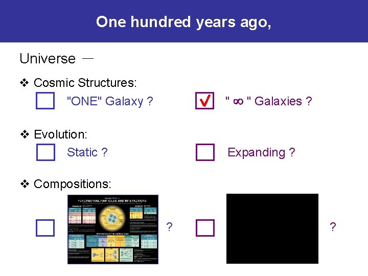 One hundred years ago, Universe － v Cosmic Structures: "ONE" Galaxy ? " "