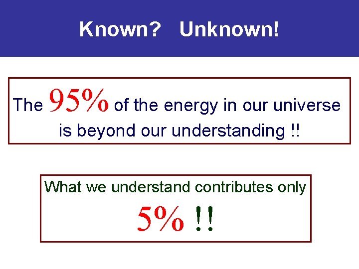 Known? Unknown! The 95% of the energy in our universe is beyond our understanding