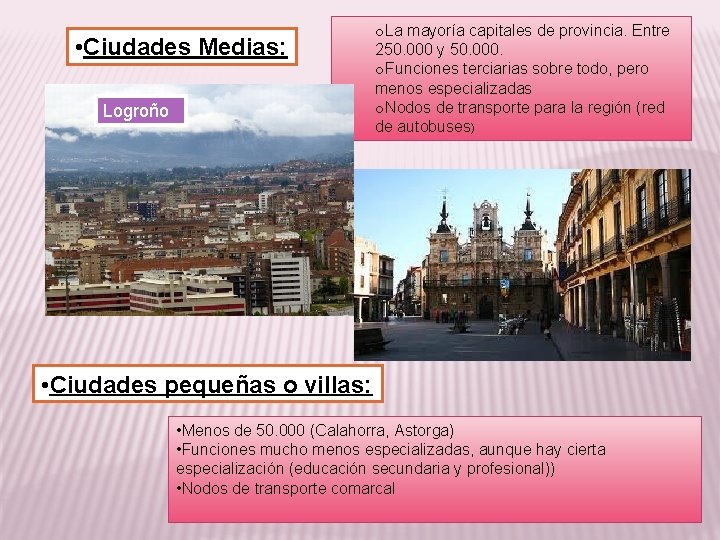  • Ciudades Medias: Logroño o. La mayoría capitales de provincia. Entre 250. 000