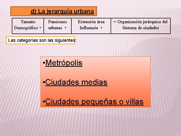 d) La jerarquía urbana Tamaño Demográfico + Funciones urbanas + Extensión área Influencia +