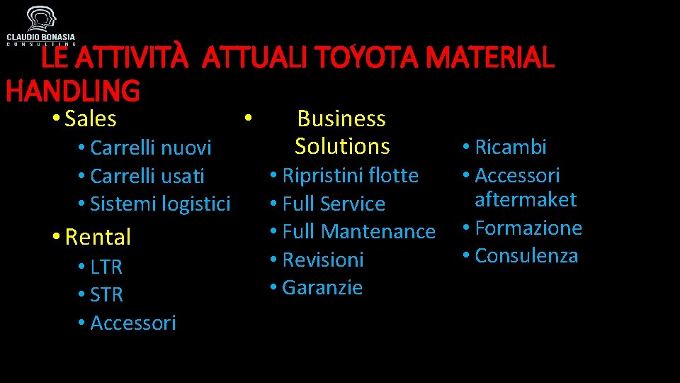 LE ATTIVITÀ ATTUALI TOYOTA MATERIAL HANDLING • Sales • Carrelli nuovi • Carrelli usati